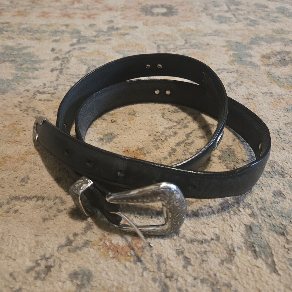 Nocona Belt Co Belt Mens 42 Black Leather Western Silver Buckle Floral Engraved